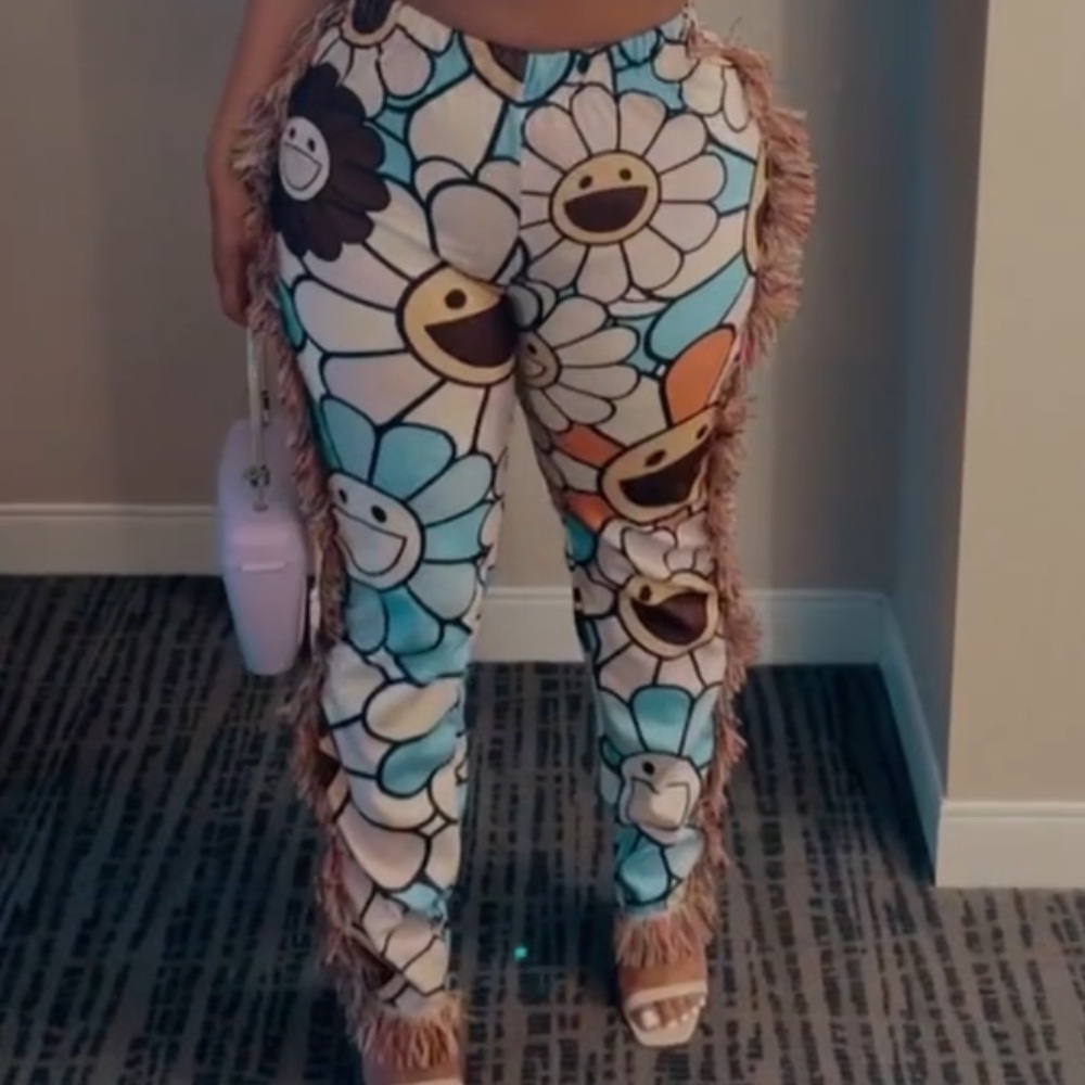 Colorful Floral Fringe Pants